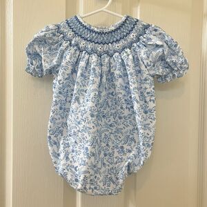 Sweet Dreams Blue Floral Birds Smocked Bubble Romper Girls Size 12 Months